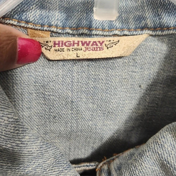 Highway Jeans Denim Button Up Jacket Women Size L Embellished Long Sleeve Pocket - Picture 7 of 9